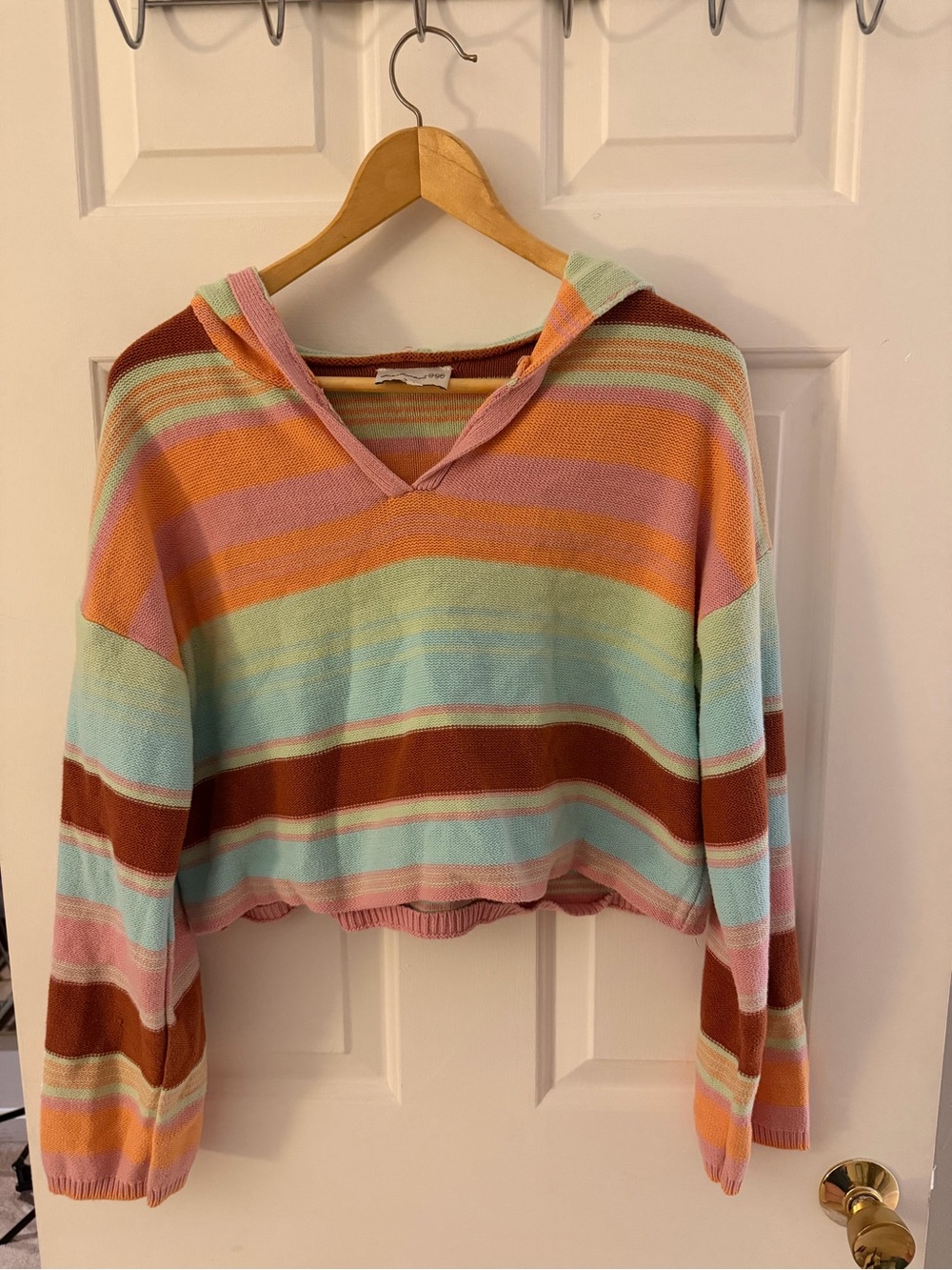 Freshman 1996 Striped Cropped Knit Hoodie L Pastel Y2K Boho Sweater